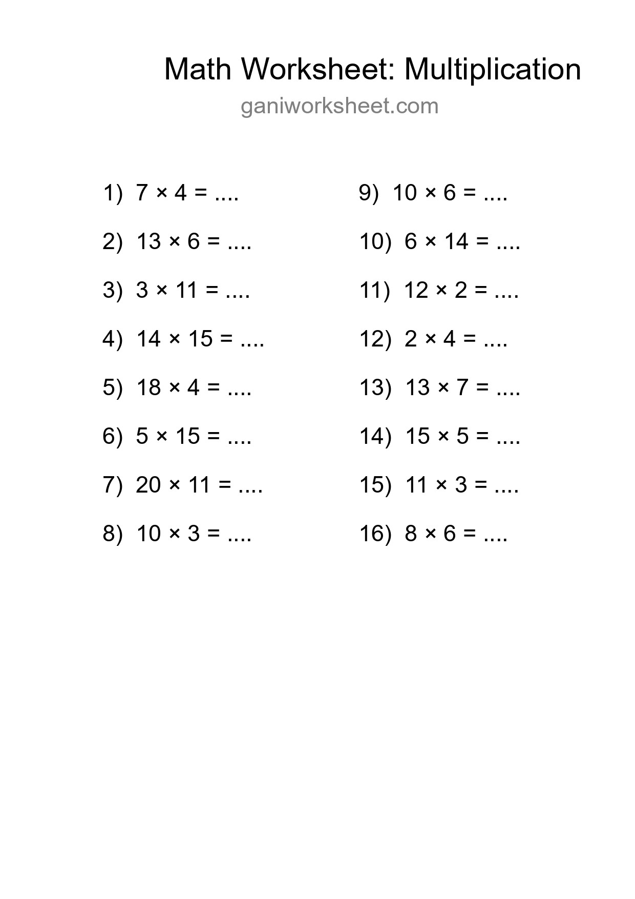 Grade 2 Multiplication Practice Worksheet (16 Problems) - Part 1217