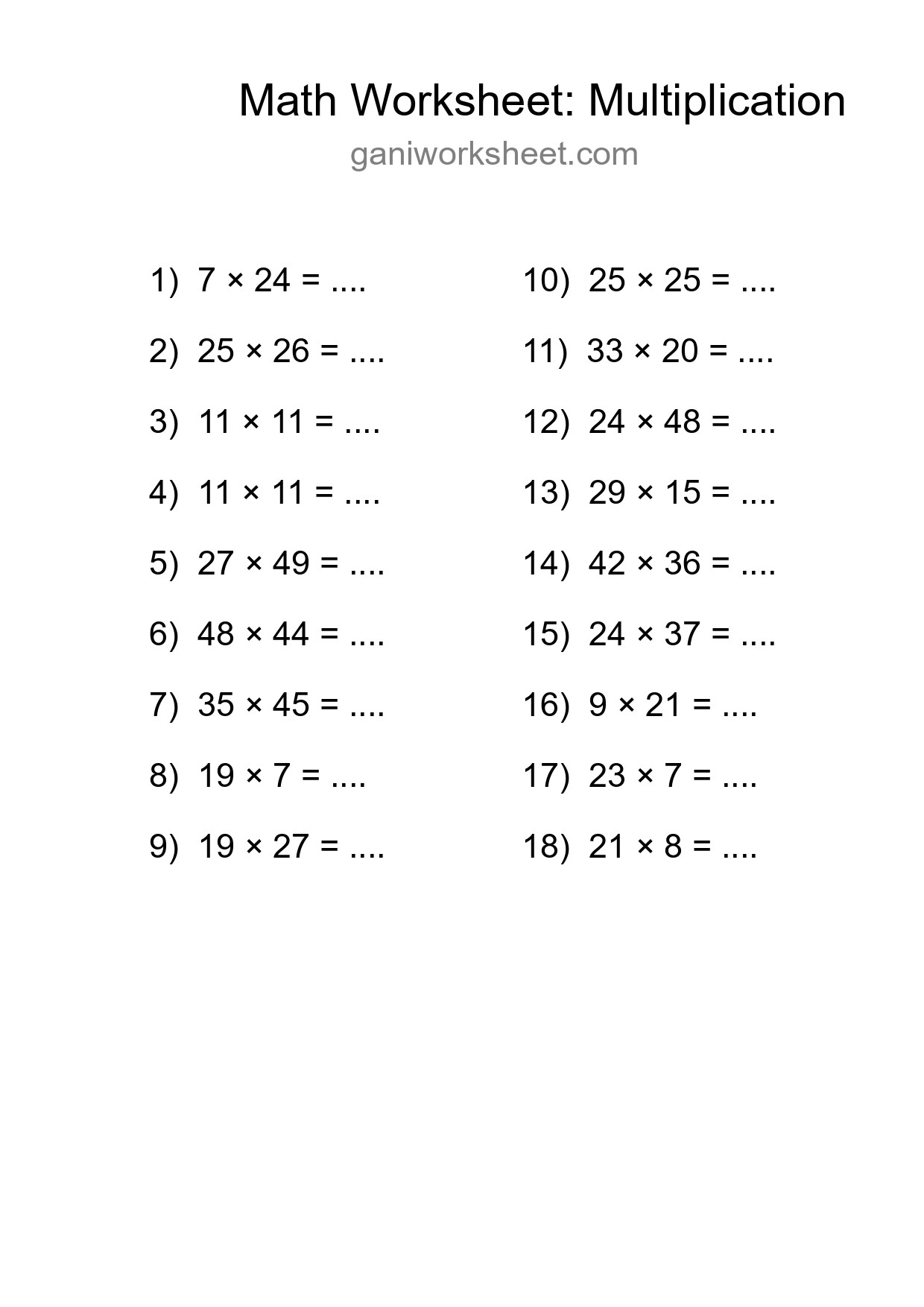 Grade 2 Multiplication Practice Worksheet (18 Problems) - Part 227