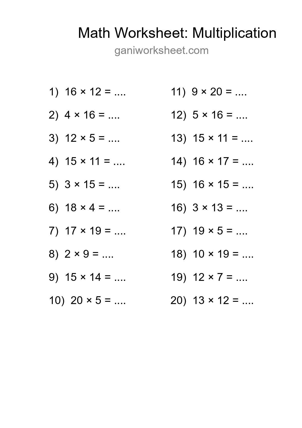 Grade 2 Multiplication Practice Worksheet (20 Problems) - Part 757