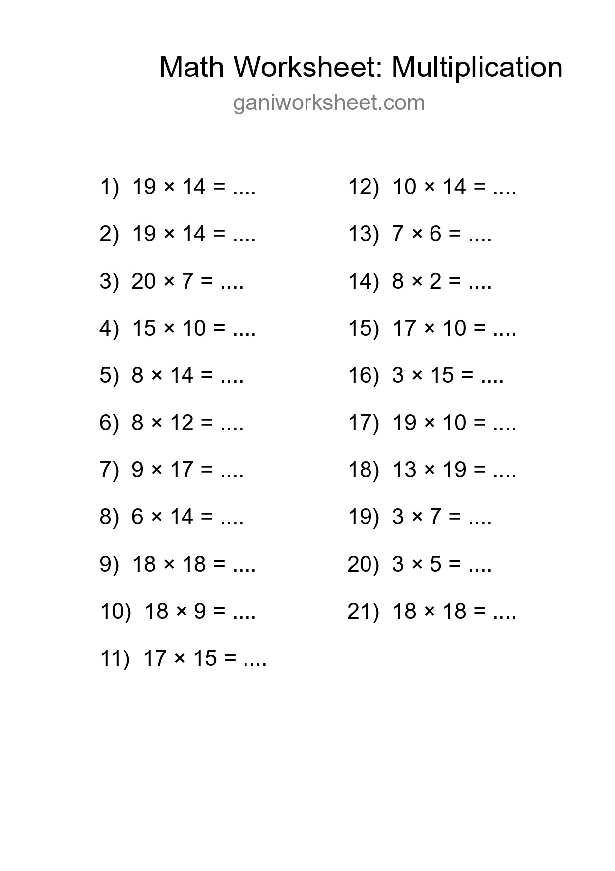 Grade 2 Multiplication Practice Worksheet (21 Problems) - Part 1537
