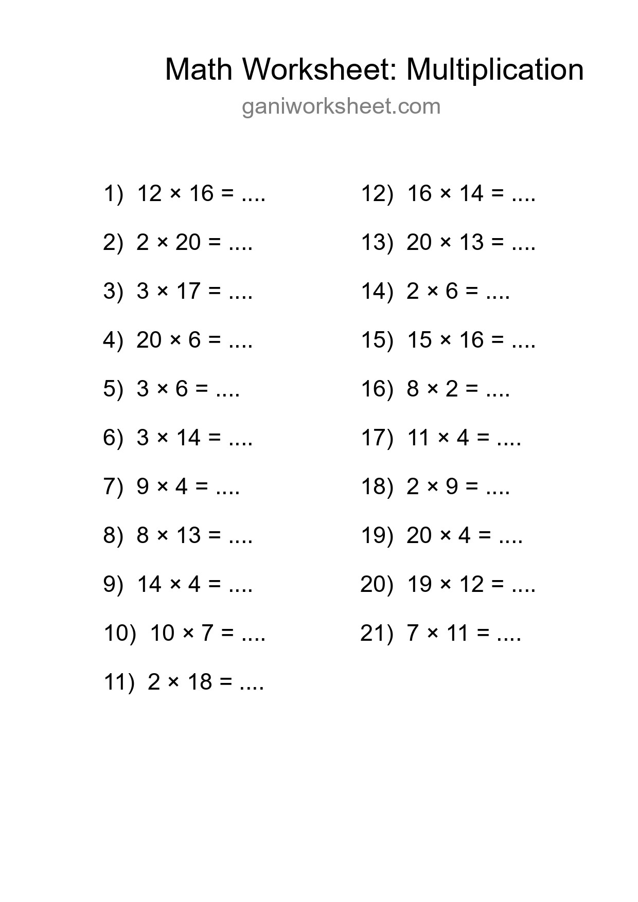Grade 2 Multiplication Practice Worksheet (21 Problems) - Part 567