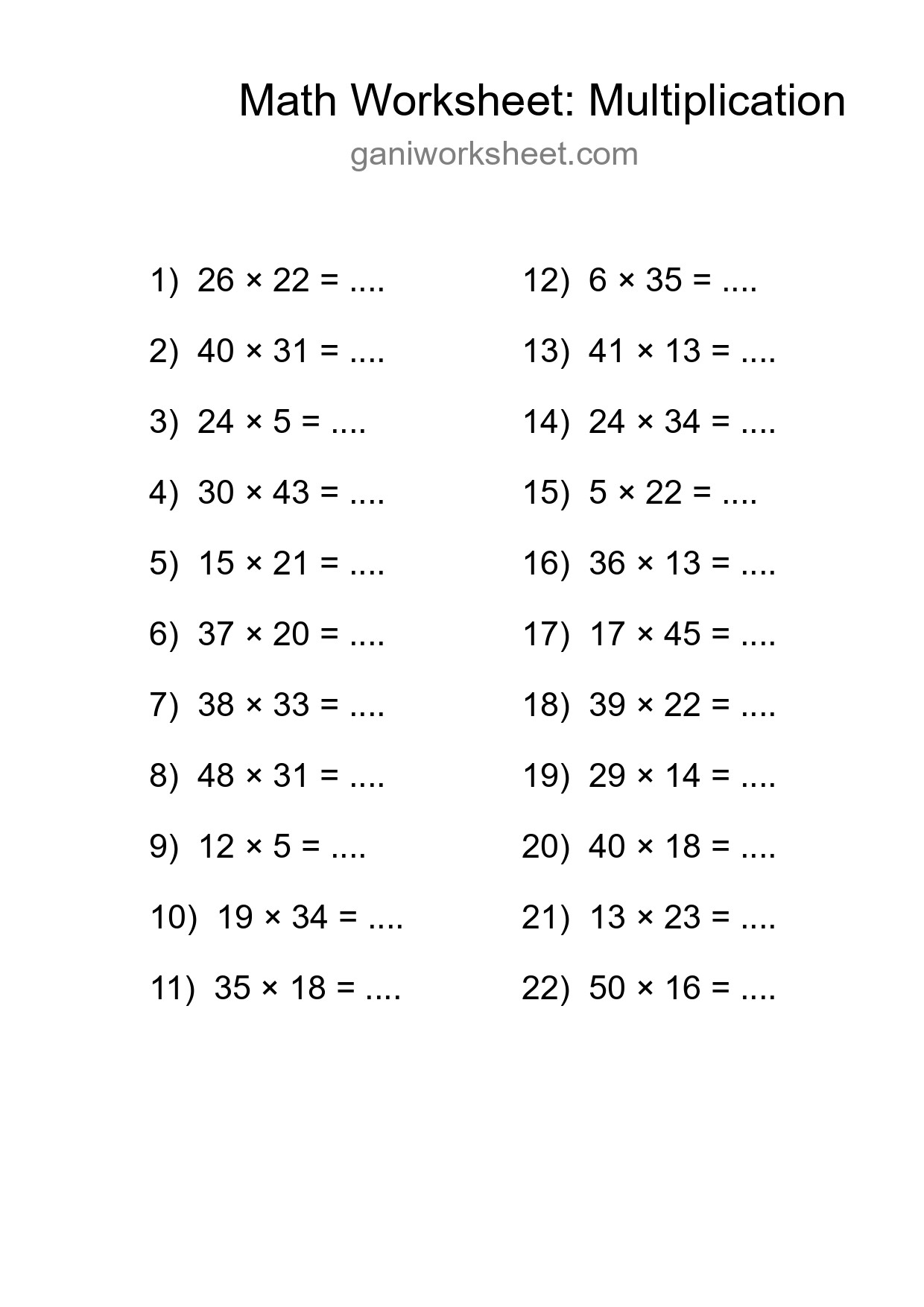 Grade 2 Multiplication Practice Worksheet (22 Problems) - Part 1137
