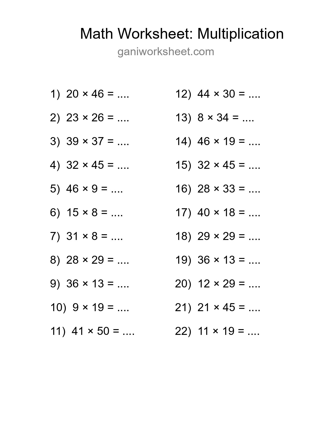 Grade 2 Multiplication Practice Worksheet (22 Problems) - Part 157