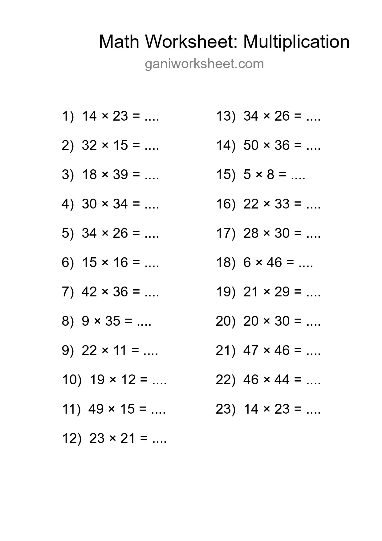 Grade 2 Multiplication Practice Worksheet (23 Problems) - Part 107