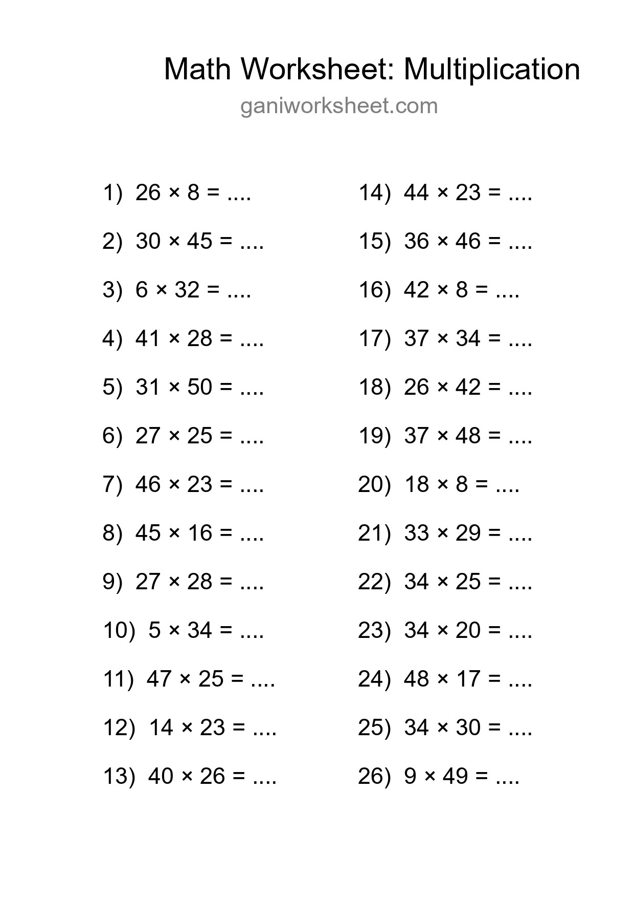 Grade 2 Multiplication Practice Worksheet (26 Problems) - Part 1467