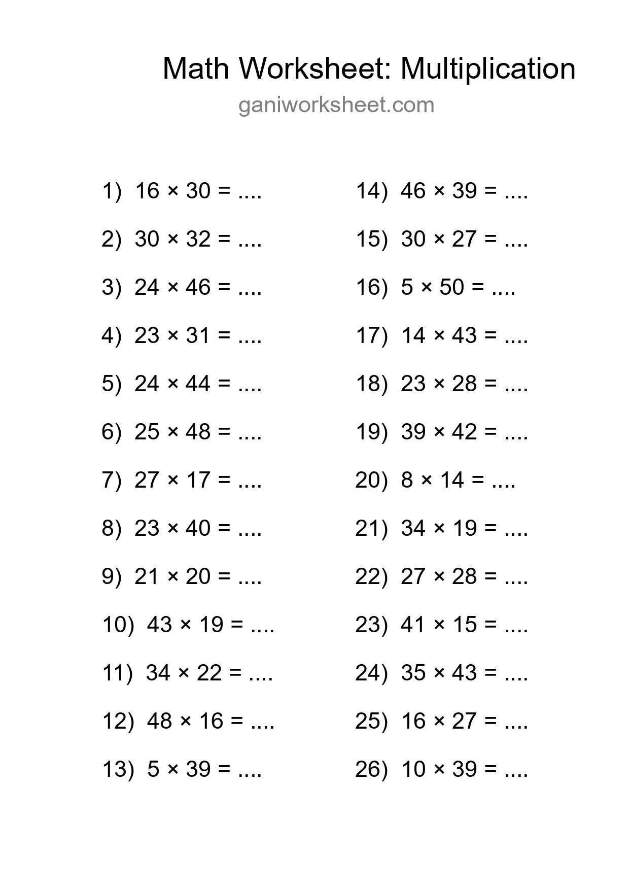 Grade 2 Multiplication Practice Worksheet (26 Problems) - Part 1547