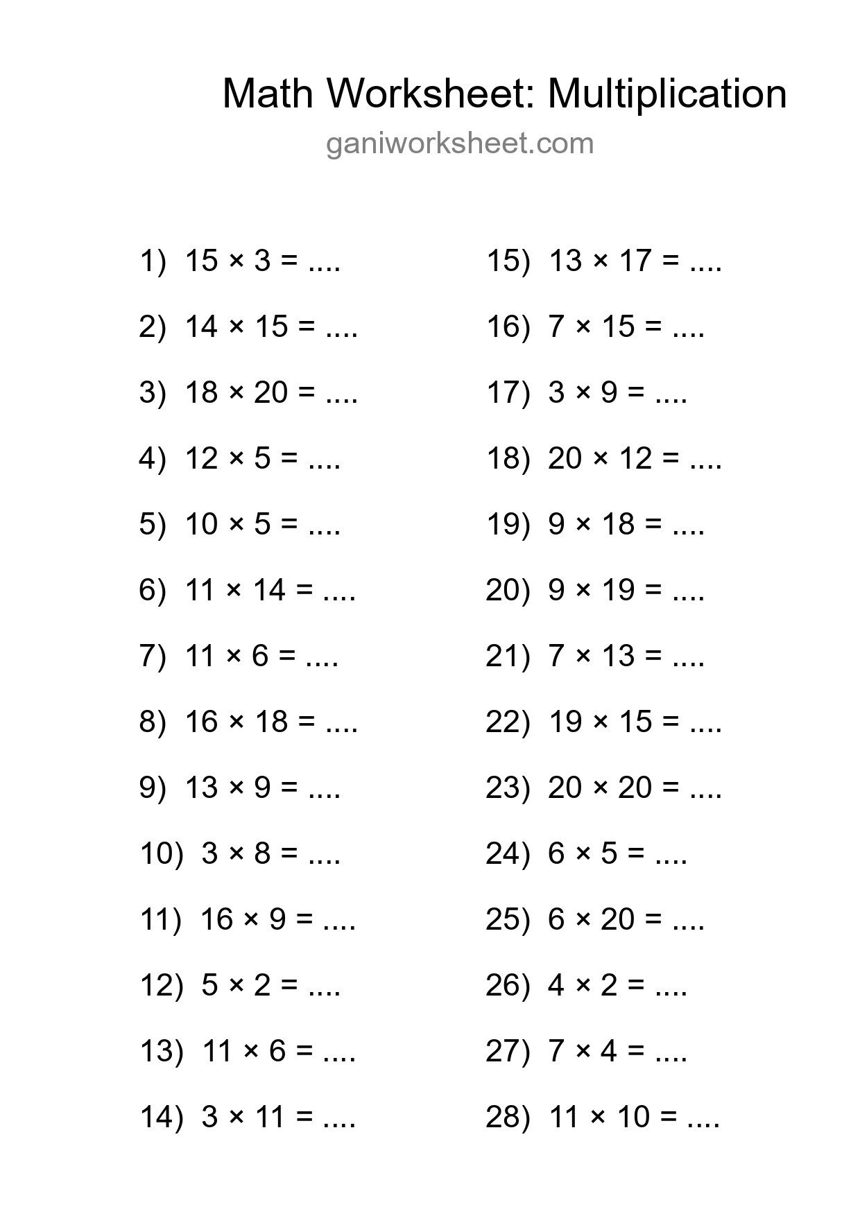 Grade 2 Multiplication Practice Worksheet (28 Problems) - Part 447