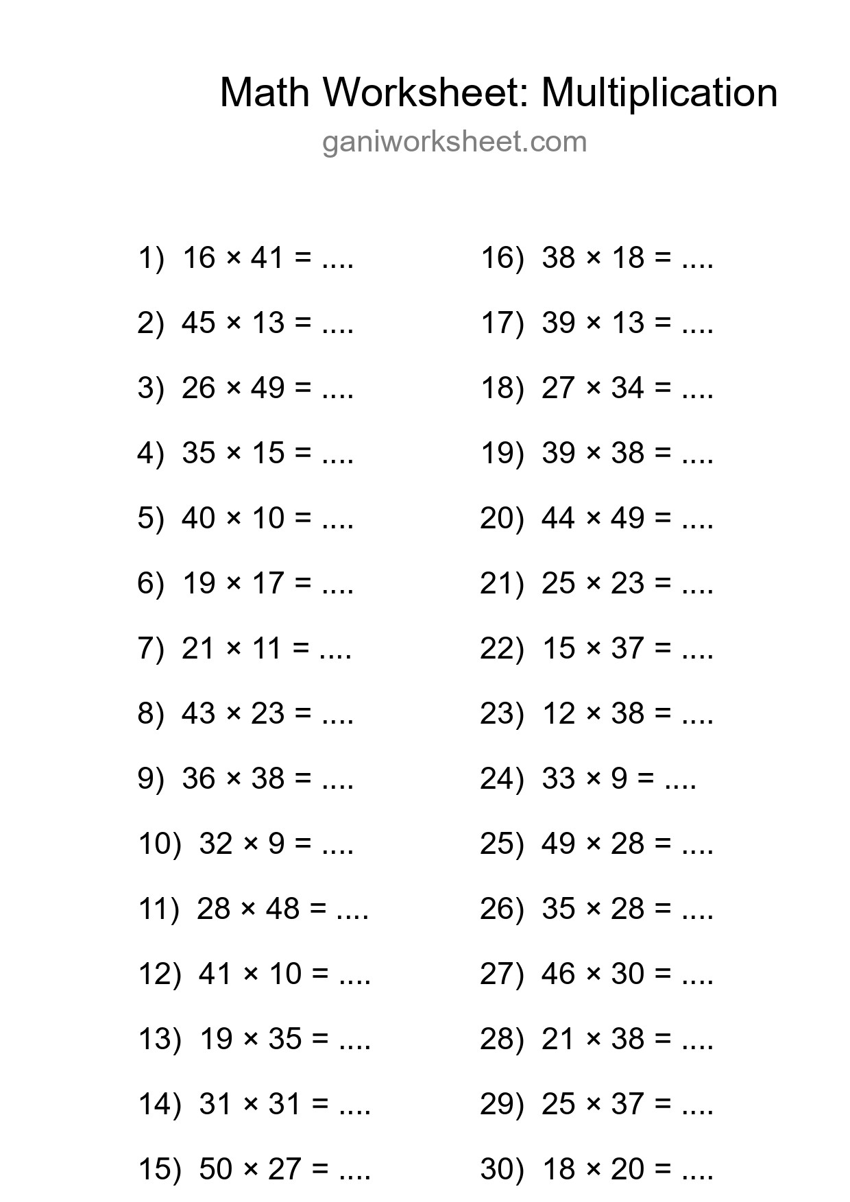 Grade 2 Multiplication Practice Worksheet (30 Problems) - Part 1247
