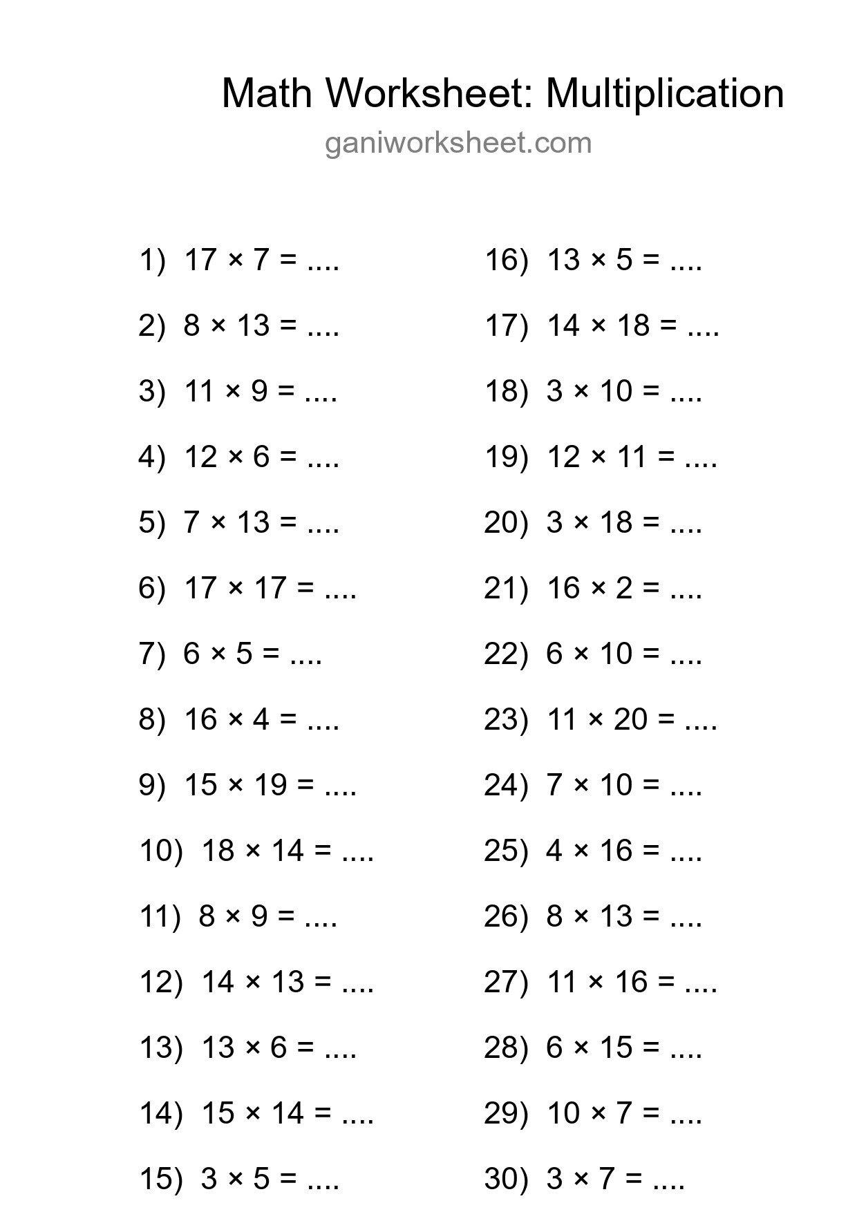 Grade 2 Multiplication Practice Worksheet (30 Problems) - Part 1887
