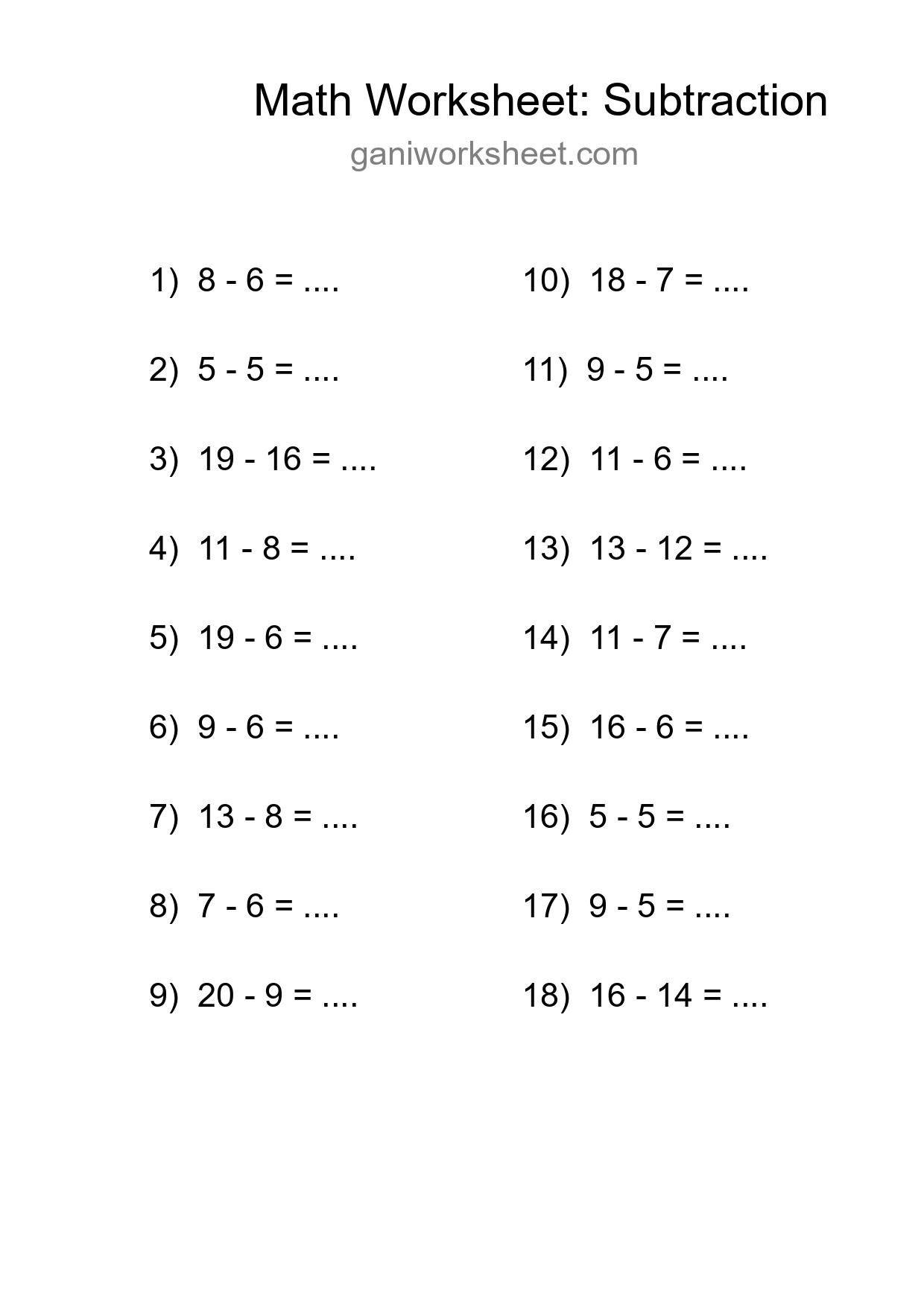 Grade 2 Subtraction Practice Worksheet (18 Problems) - Part 18