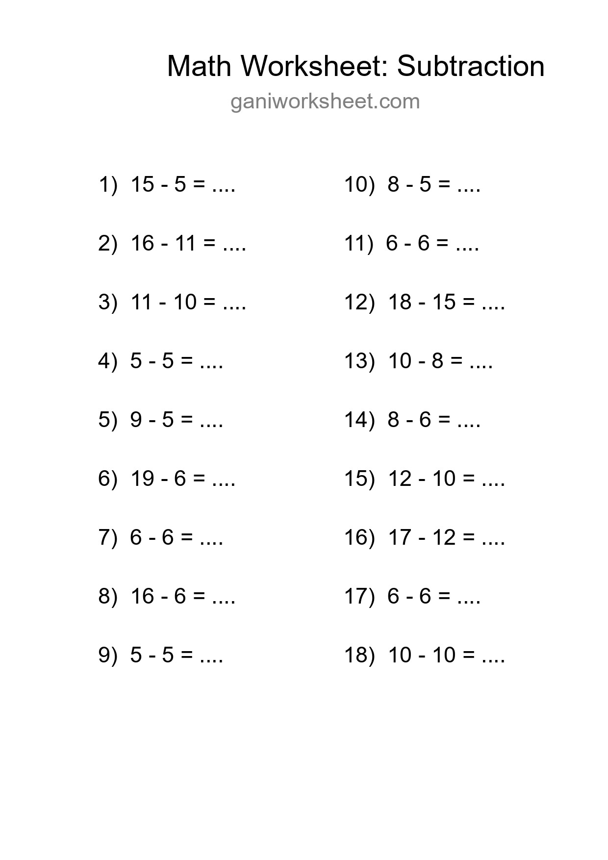 Grade 2 Subtraction Practice Worksheet (18 Problems) - Part 298