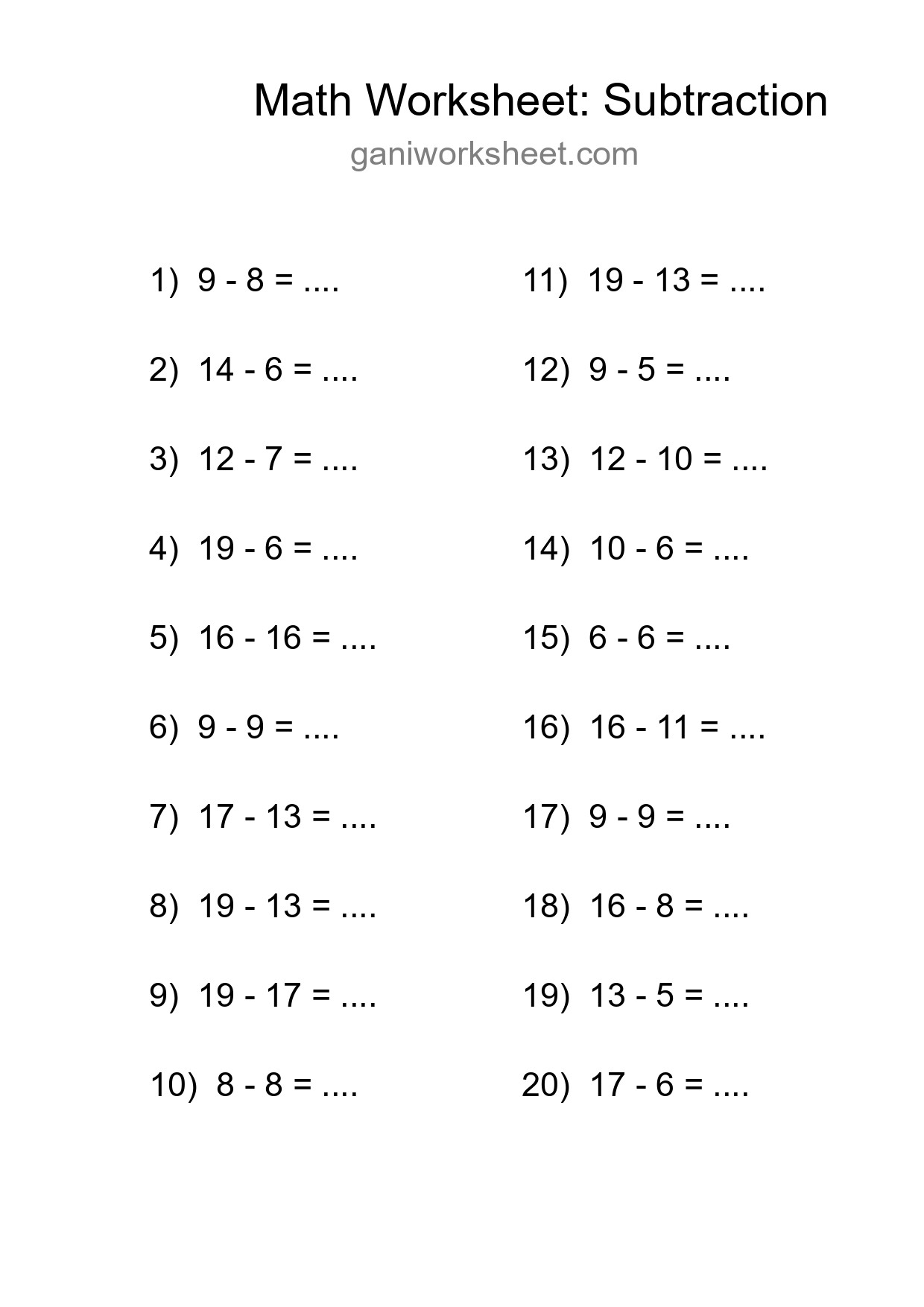 Grade 2 Subtraction Practice Worksheet (20 Problems) - Part 1048