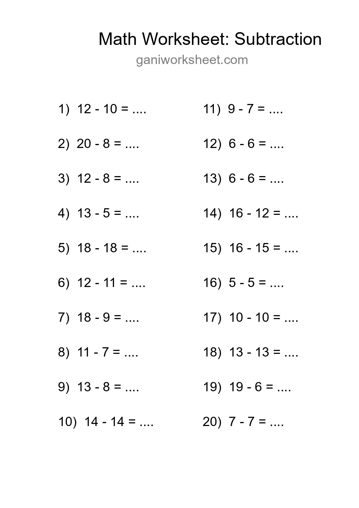 Grade 2 Subtraction Practice Worksheet (20 Problems) - Part 1518