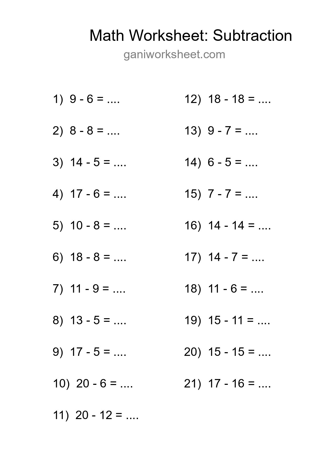 Grade 2 Subtraction Practice Worksheet (21 Problems) - Part 638