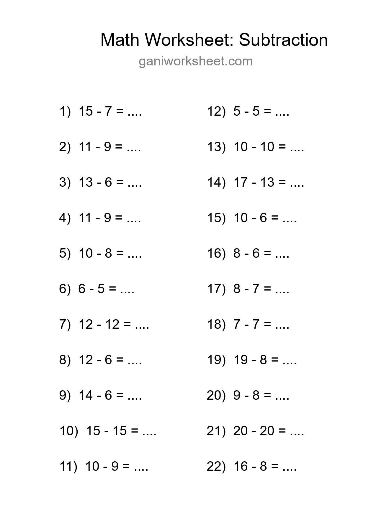 Grade 2 Subtraction Practice Worksheet (22 Problems) - Part 398