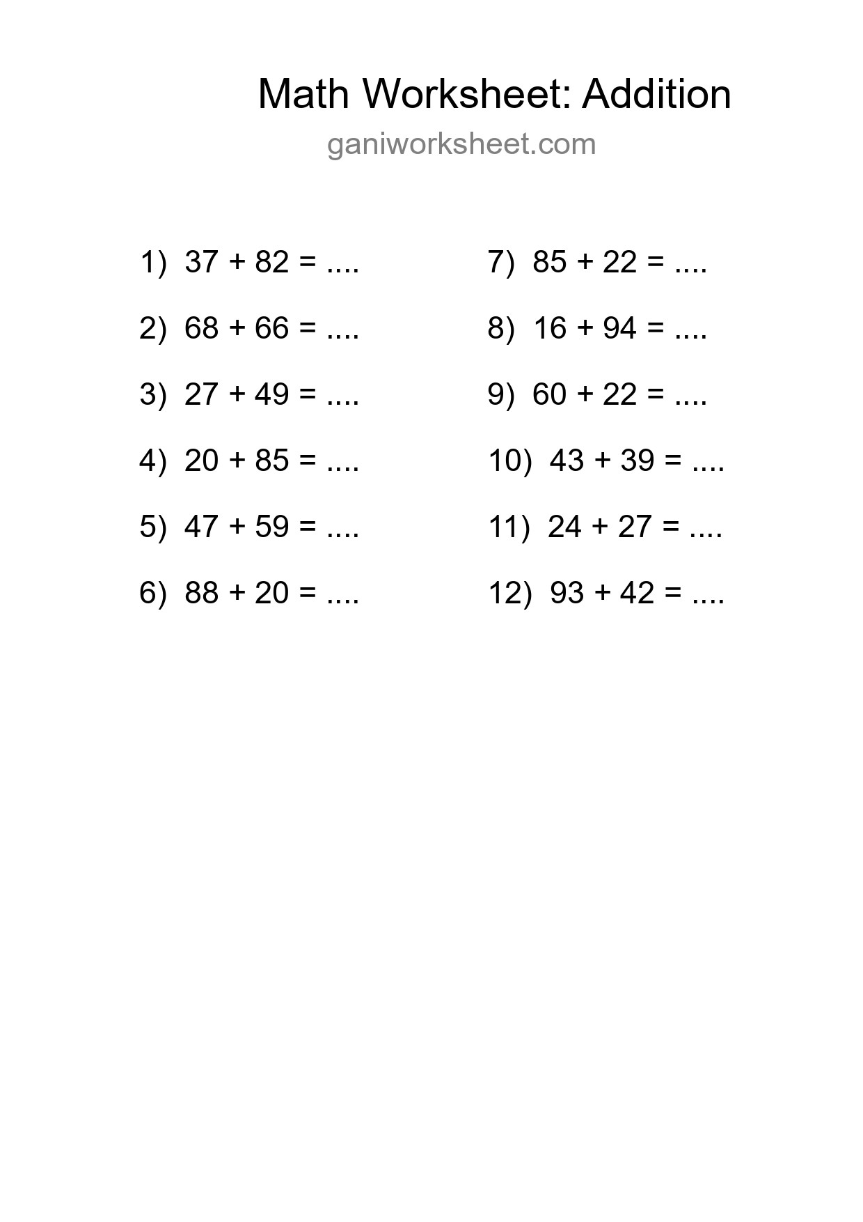 Grade 3 Addition Practice Worksheet (12 Problems) - Part 151
