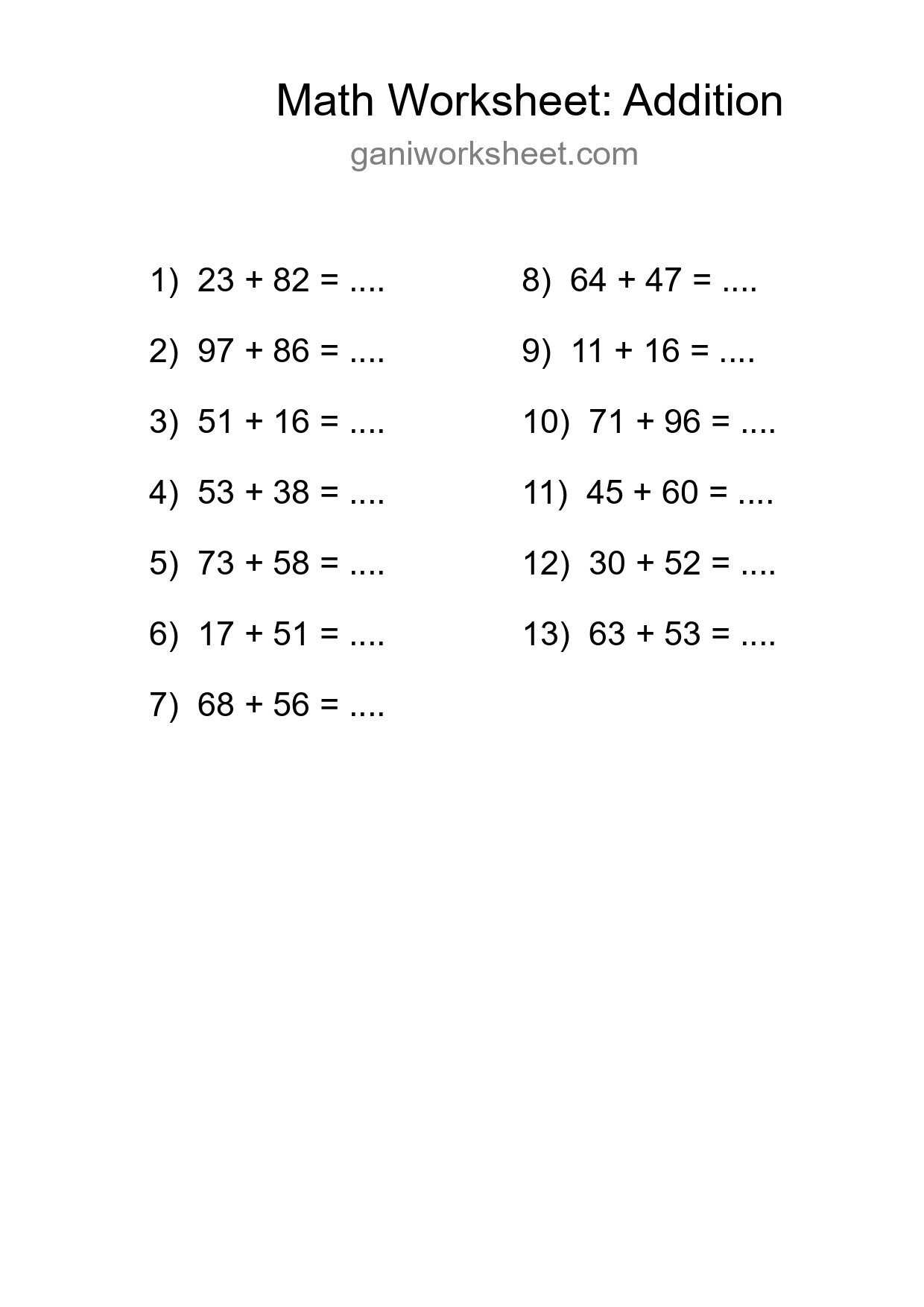 Grade 3 Addition Practice Worksheet (13 Problems) - Part 21