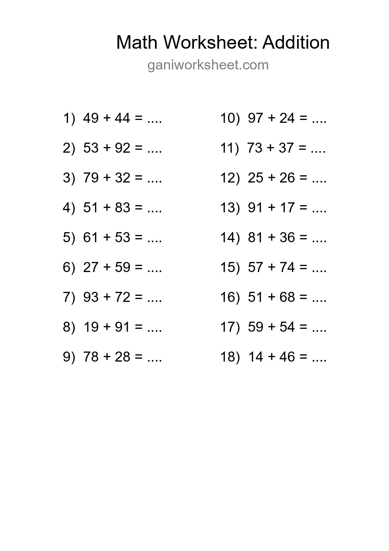 Grade 3 Addition Practice Worksheet (18 Problems) - Part 1341