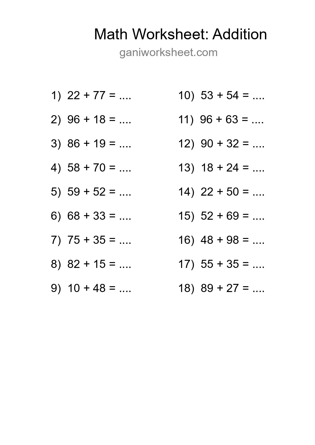 Grade 3 Addition Practice Worksheet (18 Problems) - Part 661