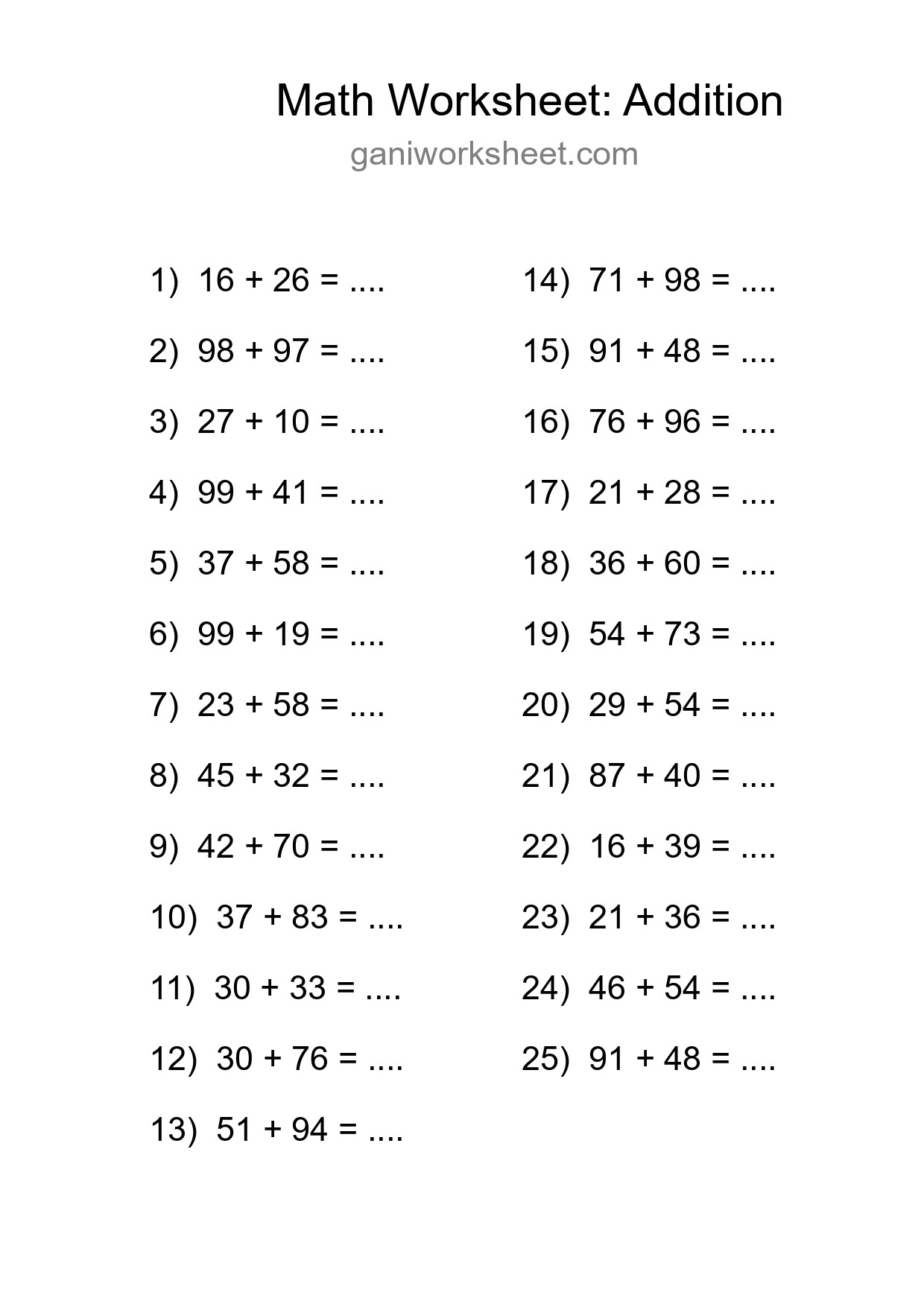 Grade 3 Addition Practice Worksheet (25 Problems) - Part 1291