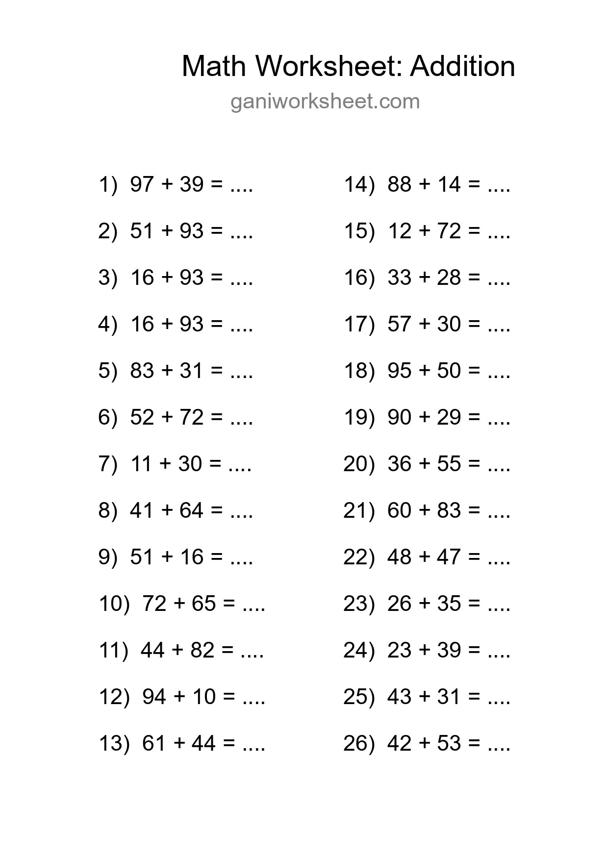 Grade 3 Addition Practice Worksheet (26 Problems) - Part 1411