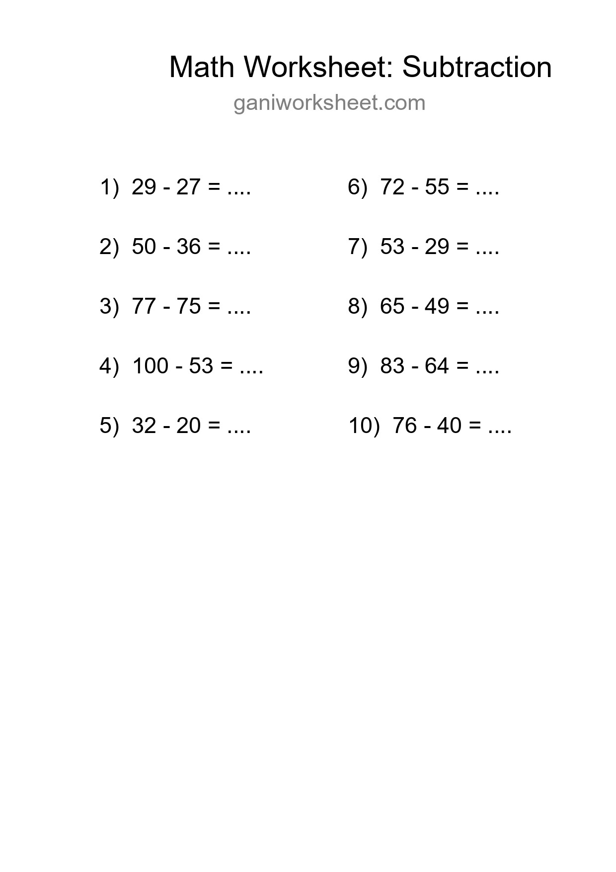 Grade 3 Subtraction Practice Worksheet (10 Problems) - Part 198