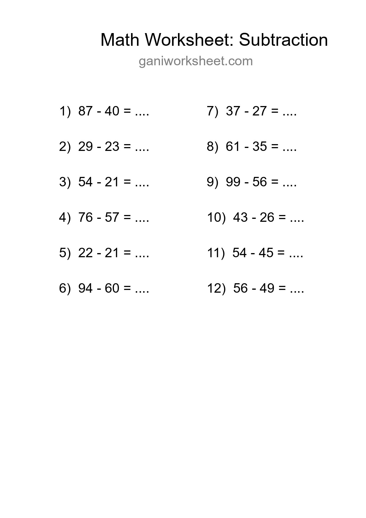 Grade 3 Subtraction Practice Worksheet (12 Problems) - Part 1458