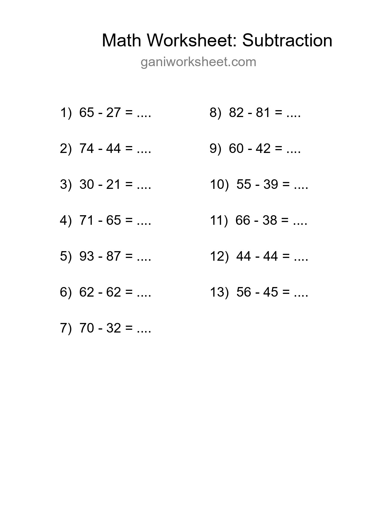 Grade 3 Subtraction Practice Worksheet (13 Problems) - Part 778