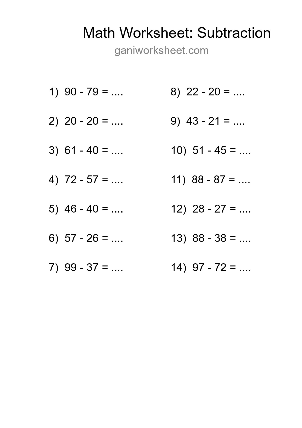 Grade 3 Subtraction Practice Worksheet (14 Problems) - Part 258