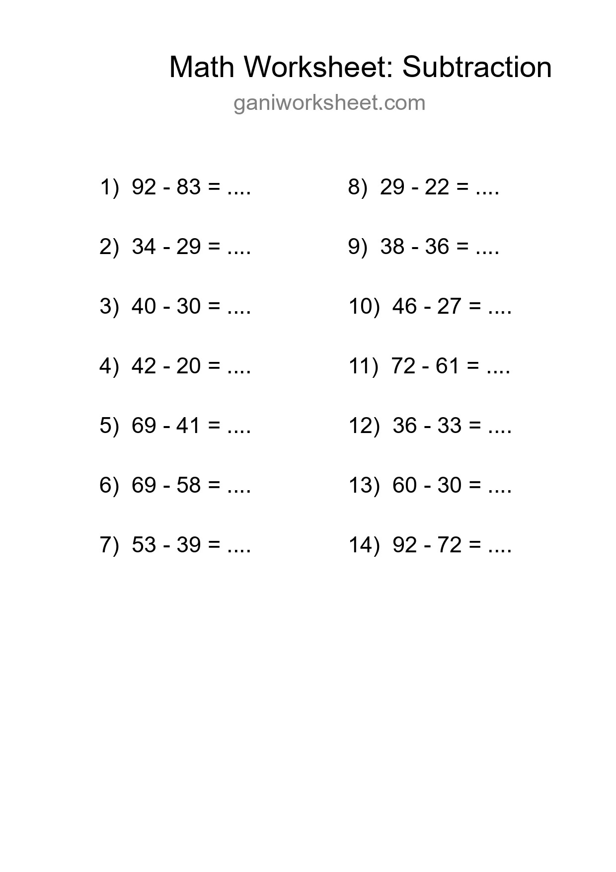 Grade 3 Subtraction Practice Worksheet (14 Problems) - Part 628