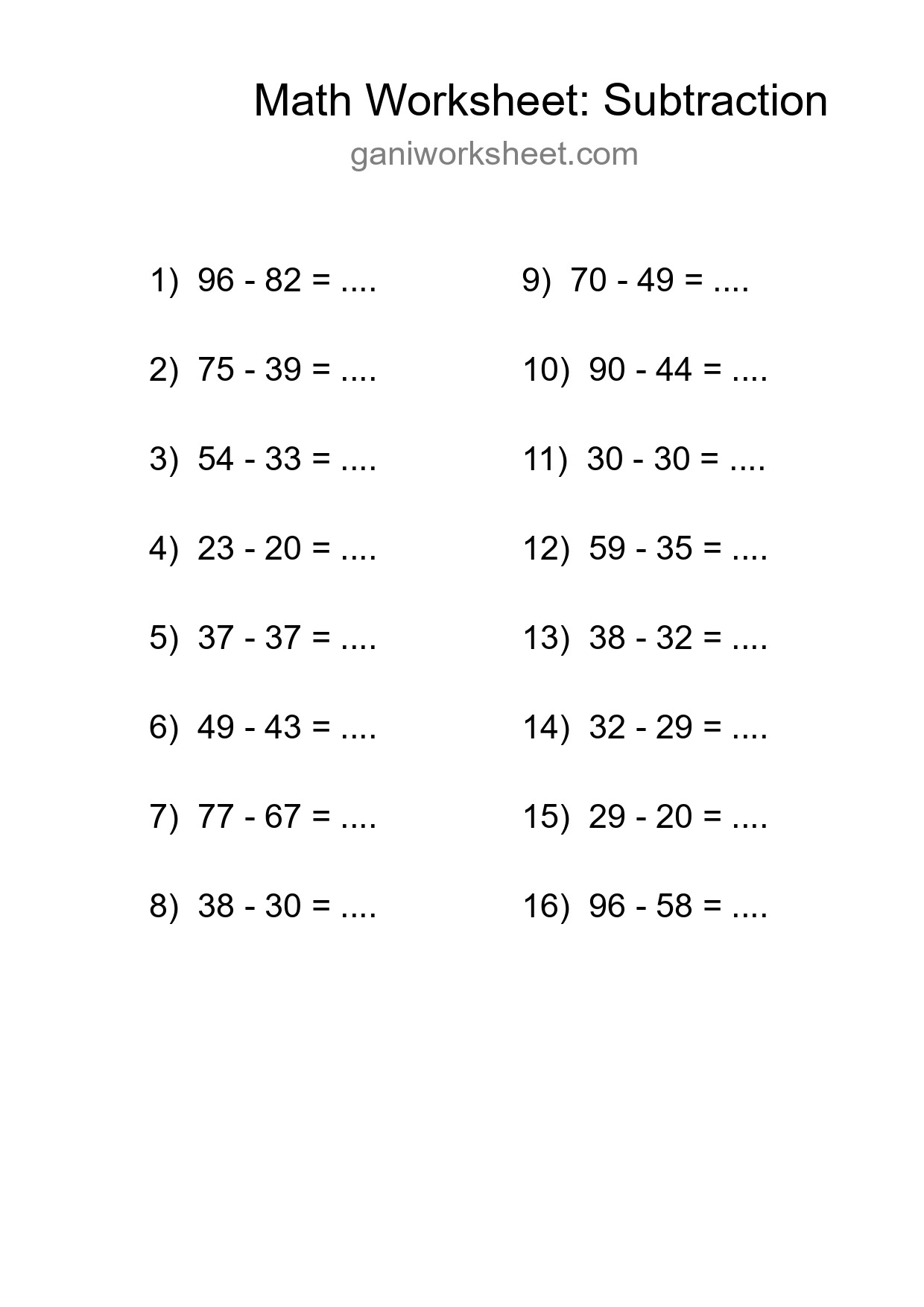 Grade 3 Subtraction Practice Worksheet (16 Problems) - Part 1078