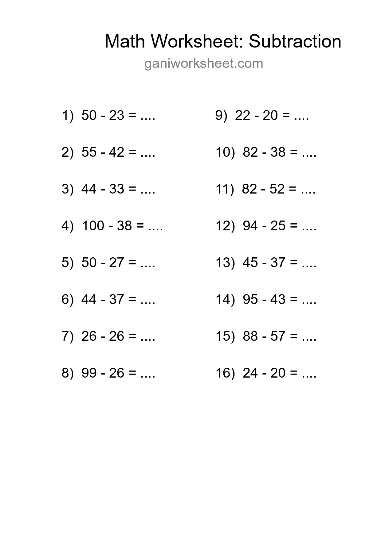 Grade 3 Subtraction Practice Worksheet (16 Problems) - Part 438