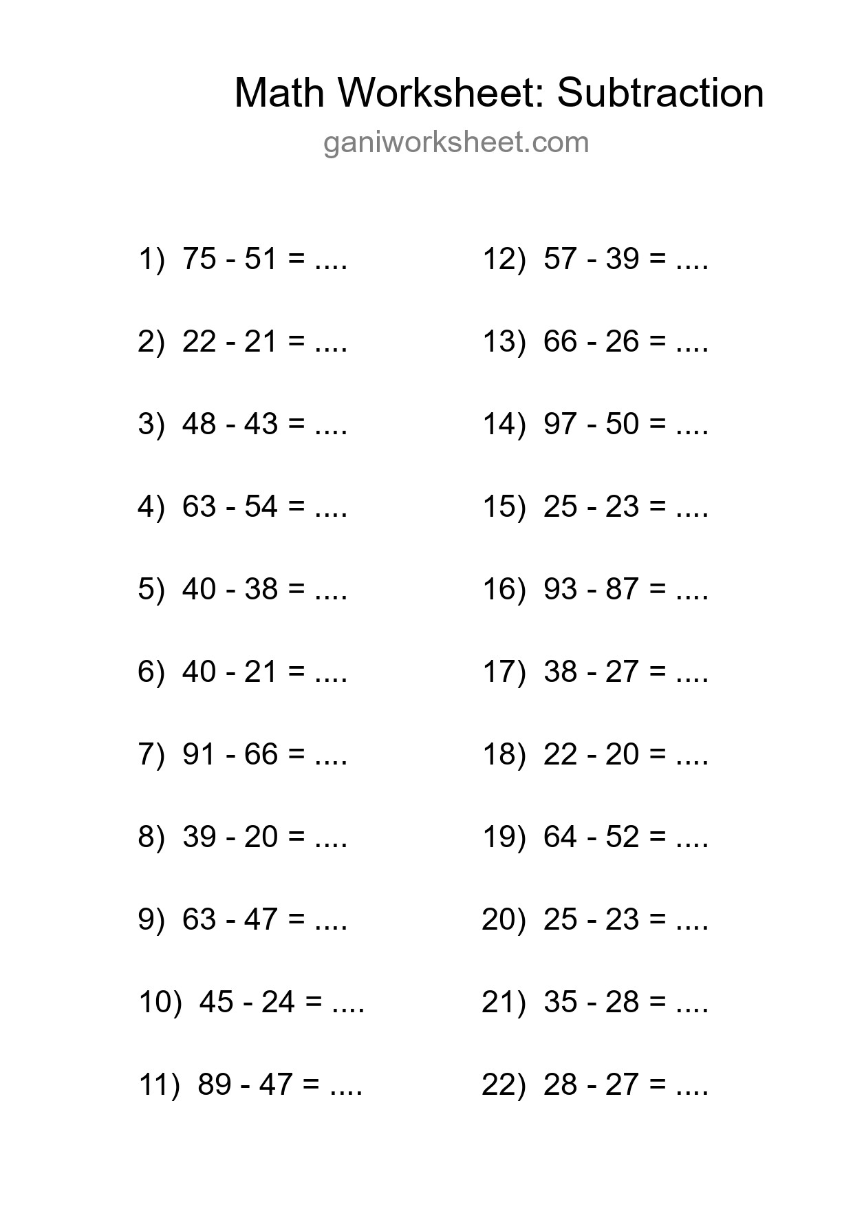 Grade 3 Subtraction Practice Worksheet (22 Problems) - Part 898