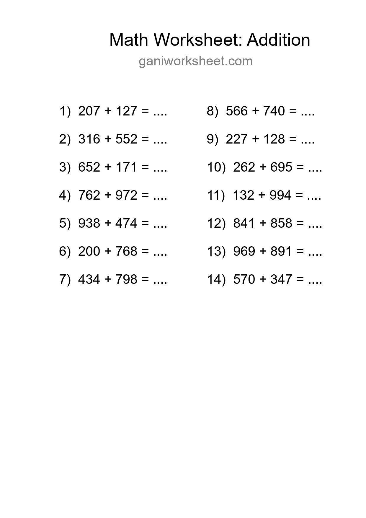 Grade 5 Addition Practice Worksheet (14 Problems) - Part 1971