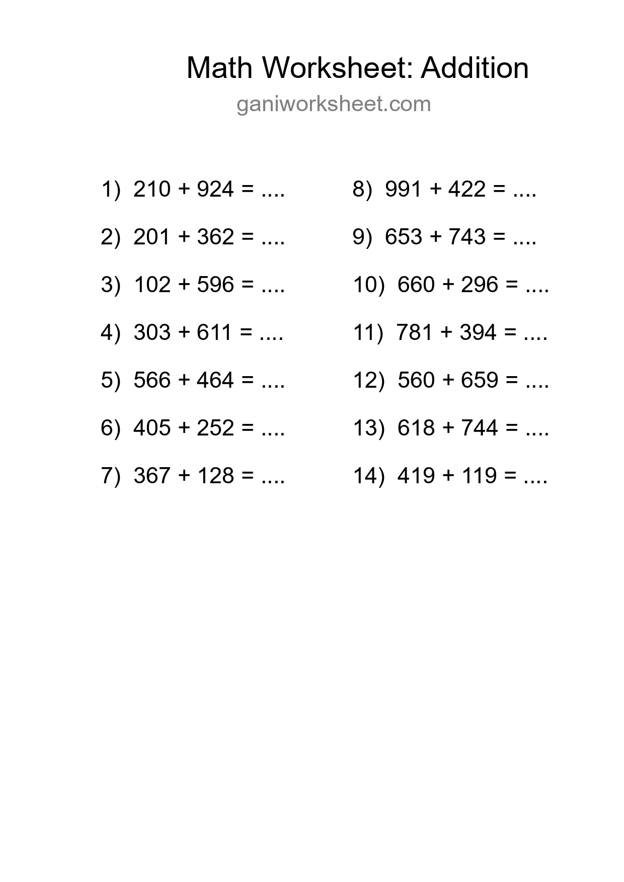 Grade 5 Addition Practice Worksheet (14 Problems) - Part 781