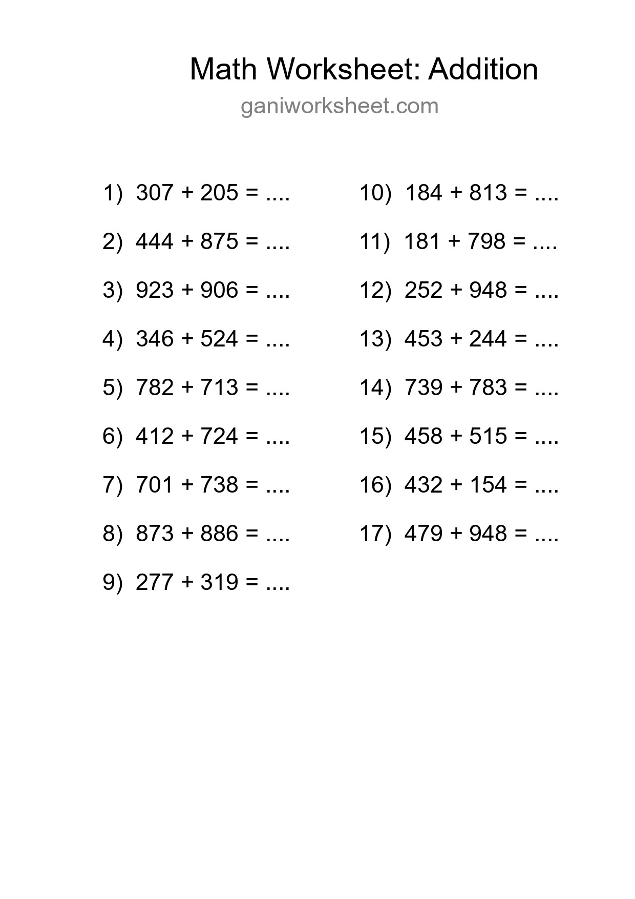 Grade 5 Addition Practice Worksheet (17 Problems) - Part 1731