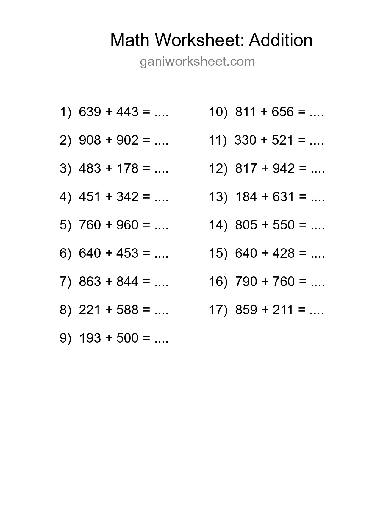 Grade 5 Addition Practice Worksheet (17 Problems) - Part 361