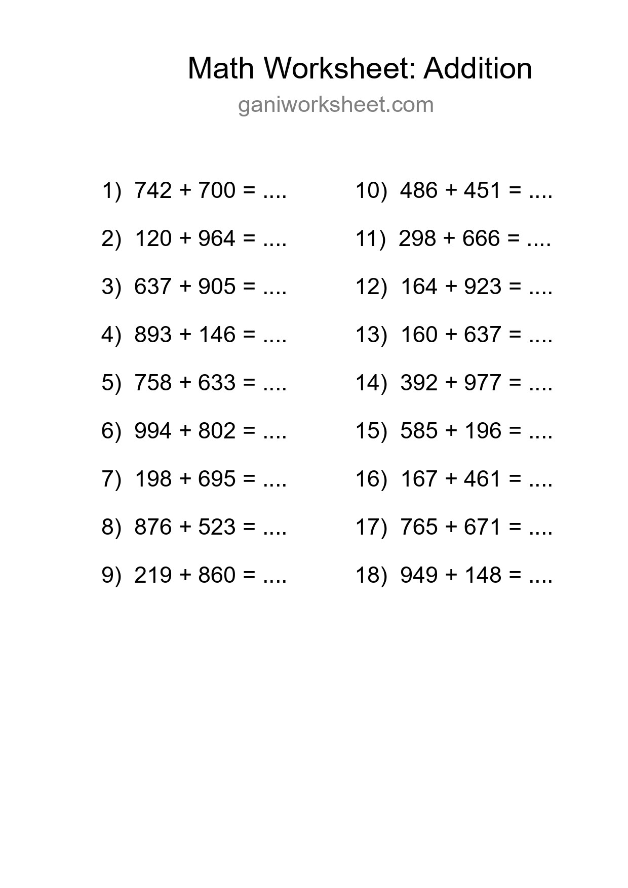 Grade 5 Addition Practice Worksheet (18 Problems) - Part 1161