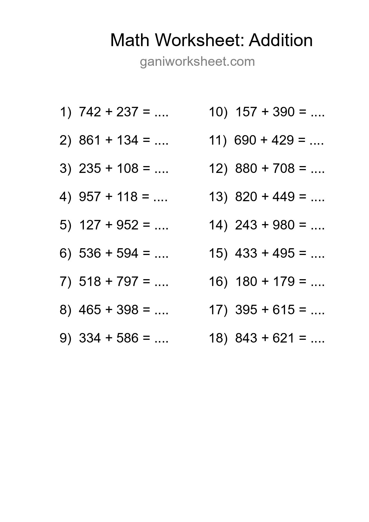 Grade 5 Addition Practice Worksheet (18 Problems) - Part 1631