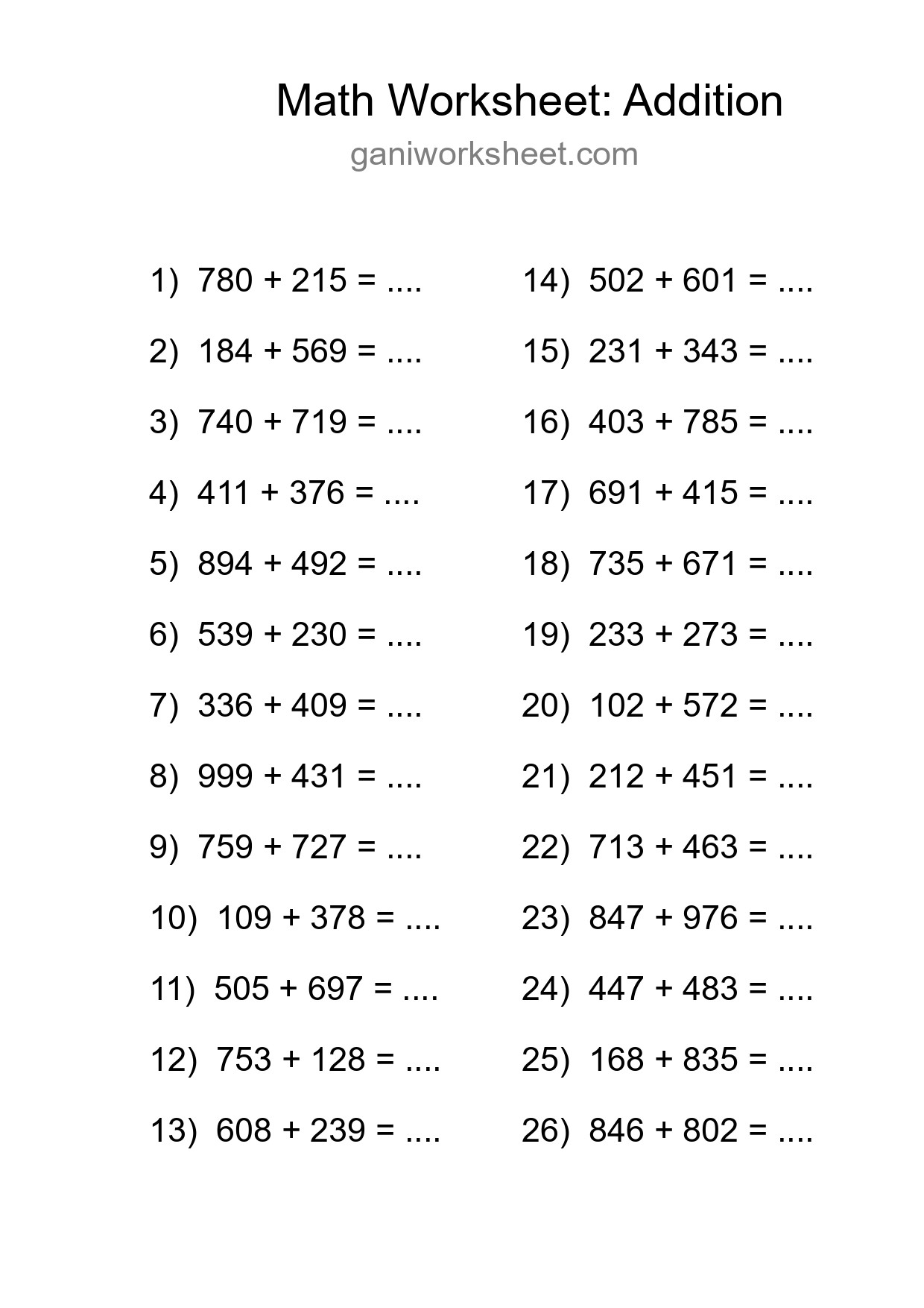 Grade 5 Addition Practice Worksheet (26 Problems) - Part 1951