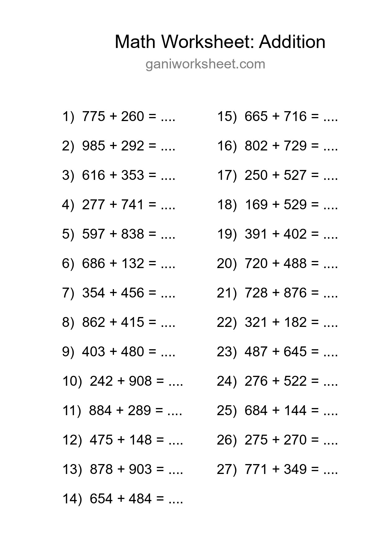 Grade 5 Addition Practice Worksheet (27 Problems) - Part 1441