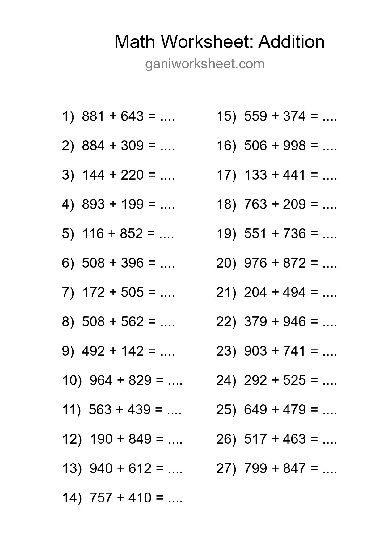 Grade 5 Addition Practice Worksheet (27 Problems) - Part 571
