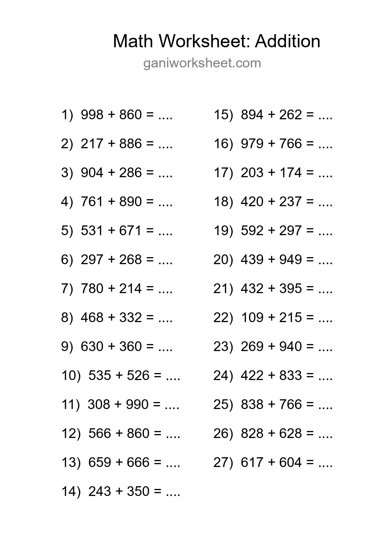 Grade 5 Addition Practice Worksheet (27 Problems) - Part 611