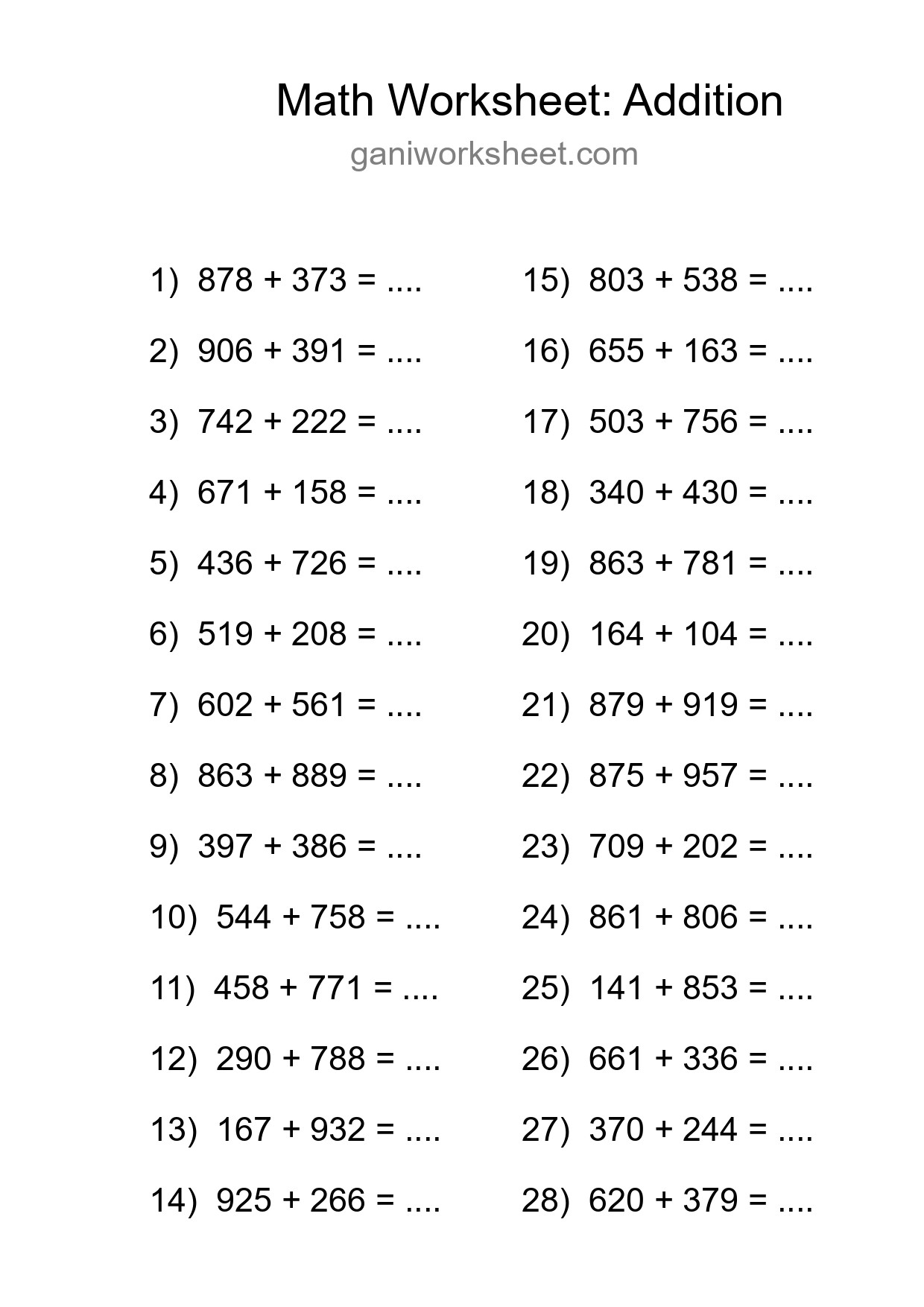 Grade 5 Addition Practice Worksheet (28 Problems) - Part 411