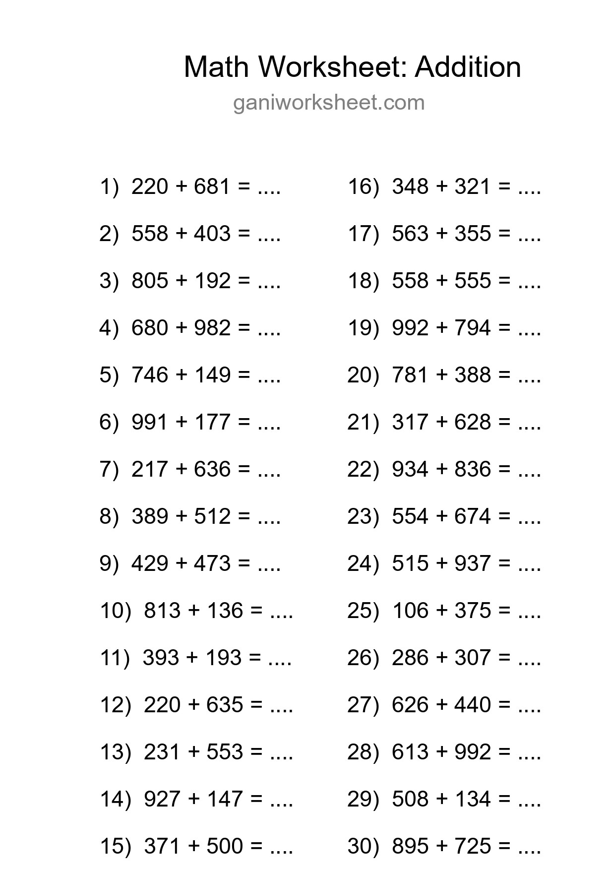 Grade 5 Addition Practice Worksheet (30 Problems) - Part 221
