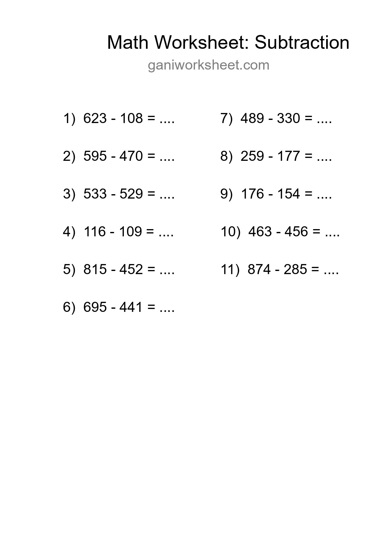 Grade 5 Subtraction Practice Worksheet (11 Problems) - Part 1398