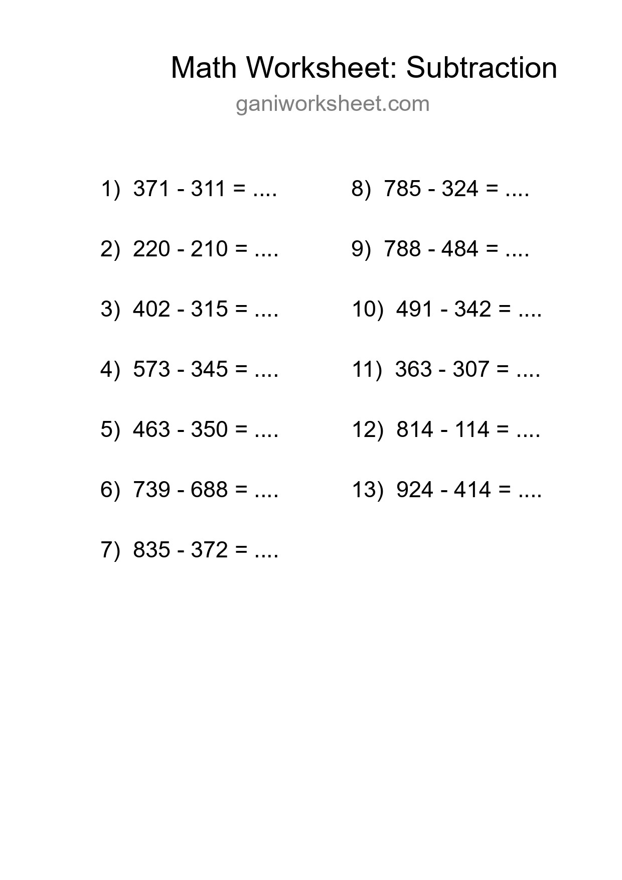 Grade 5 Subtraction Practice Worksheet (13 Problems) - Part 1408