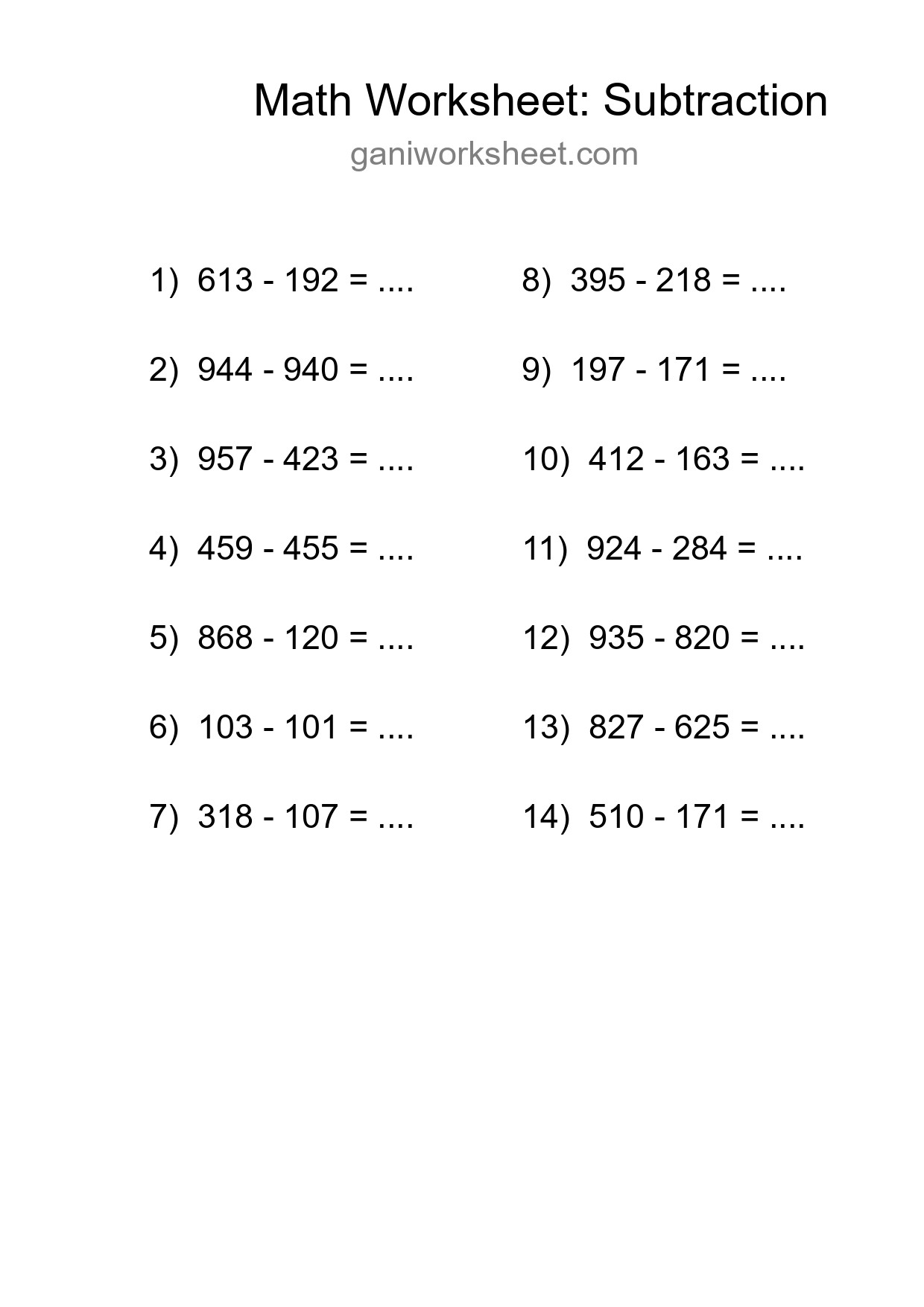 Grade 5 Subtraction Practice Worksheet (14 Problems) - Part 128