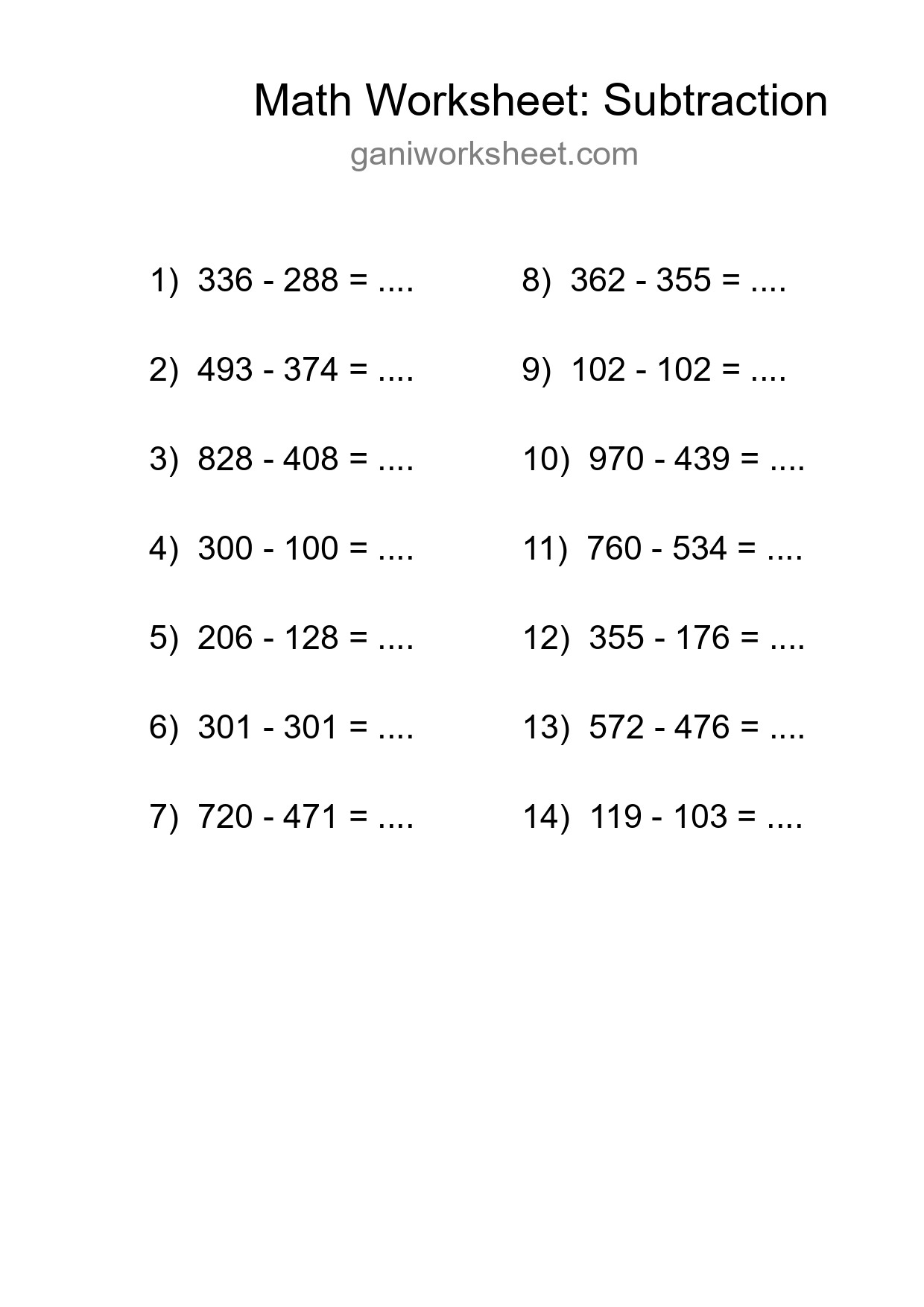 Grade 5 Subtraction Practice Worksheet (14 Problems) - Part 1858