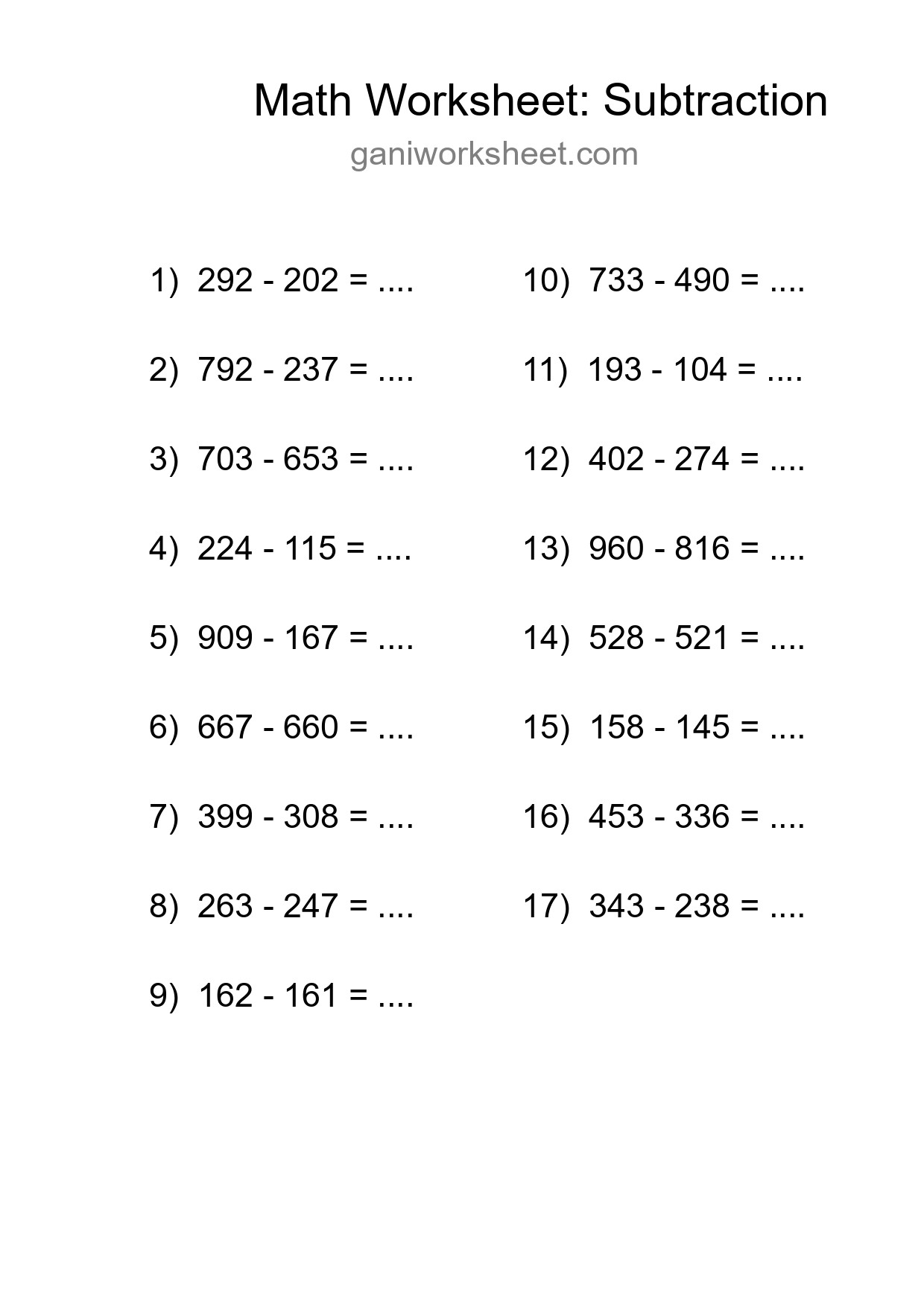 Grade 5 Subtraction Practice Worksheet (17 Problems) - Part 848